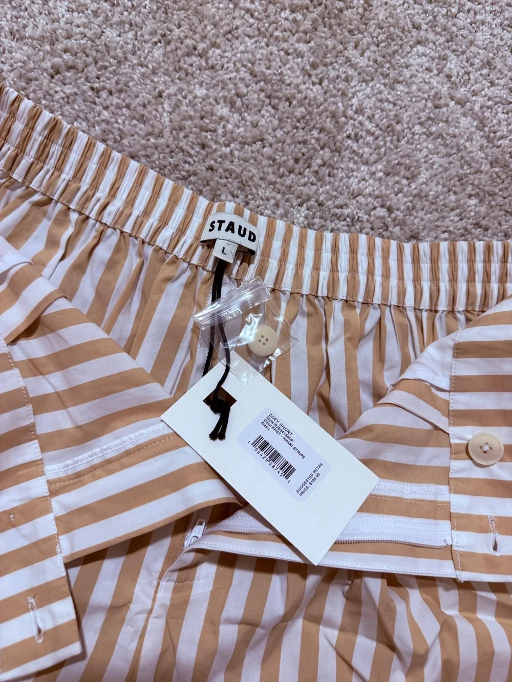 STAUD Zoey Cotton Beige and White Striped High-Rise Shorts